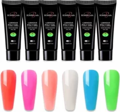 Beste Verkoop 😀 BOMBA NAILS® - GLOW IN THE DARK POLYGEL - Set 6 Tubes - 15 Ml 🎉
