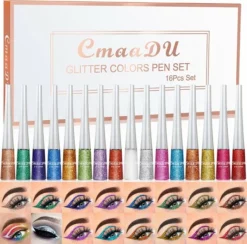 Korting 🥰 CmaaDU Eyeliner Glitter Eyeliner Make-up Set 16 Verschillende Kleuren Droogt Snel Op Geschenkset 👍