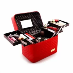 Begroting 🛒 Confibel Make Up Koffer - Uitklapbaar - 5 Opbergbakken - Met Spiegel - Rood ⌛