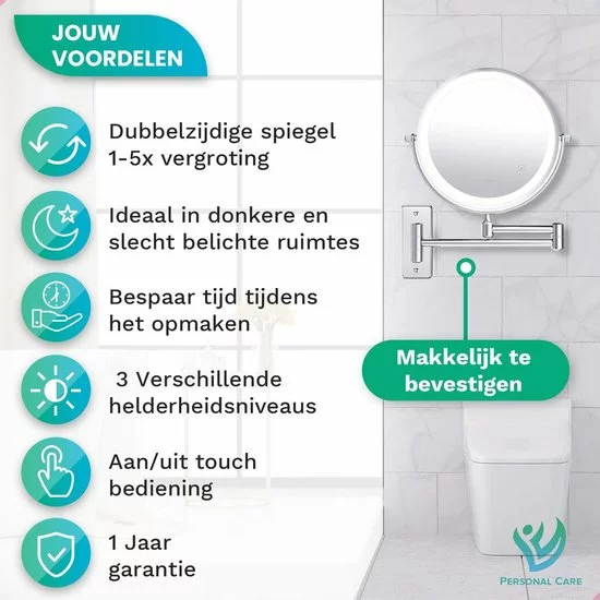 Promo ✔️ Personal Care Make Up Spiegel Met Led Verlichting - 5X Vergroting - Wandspiegel Rond - Scheerspiegel Wandmodel - Badkamer - Douche - Chroom 🔔 5 Promo ✔️ Personal Care Make Up Spiegel Met Led Verlichting - 5X Vergroting - Wandspiegel Rond - Scheerspiegel Wandmodel - Badkamer - Douche - Chroom 🔔 - Afbeelding 3