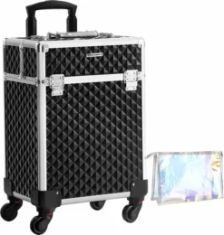 Uitgang 🎁 ZAZA Home Cosmetische Koffer, Trolley, Make-up Case Met Handvat, 4 Universele Wielen, 4 Uitschuifbare Dienbladen, Make-up Tas, Voor Reizen, Zwart JHZ013B01 🤩